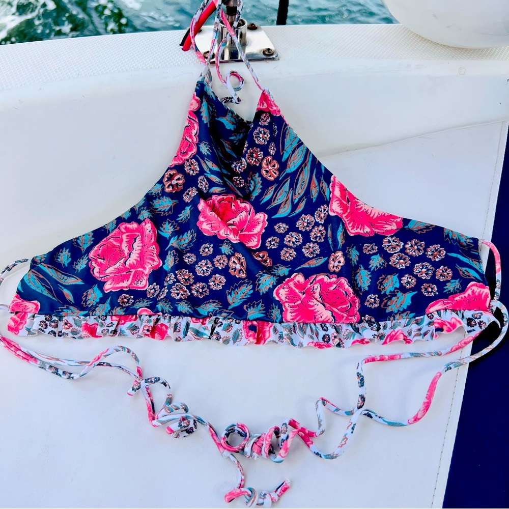 Navy Blue Floral Bikini with Ruffled Edging